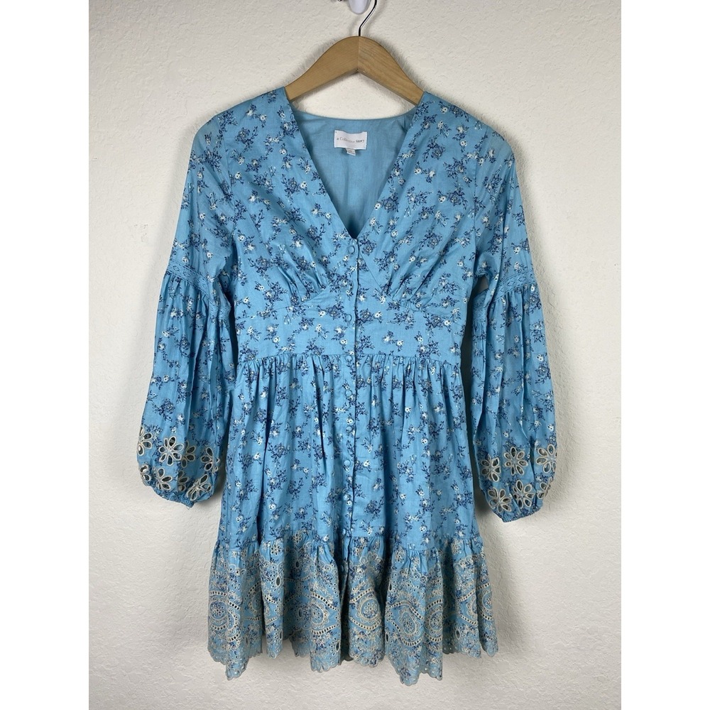 A Collective Story M Babydoll Dress Long Sleeve Eyelet Floral Blue Cottagecore